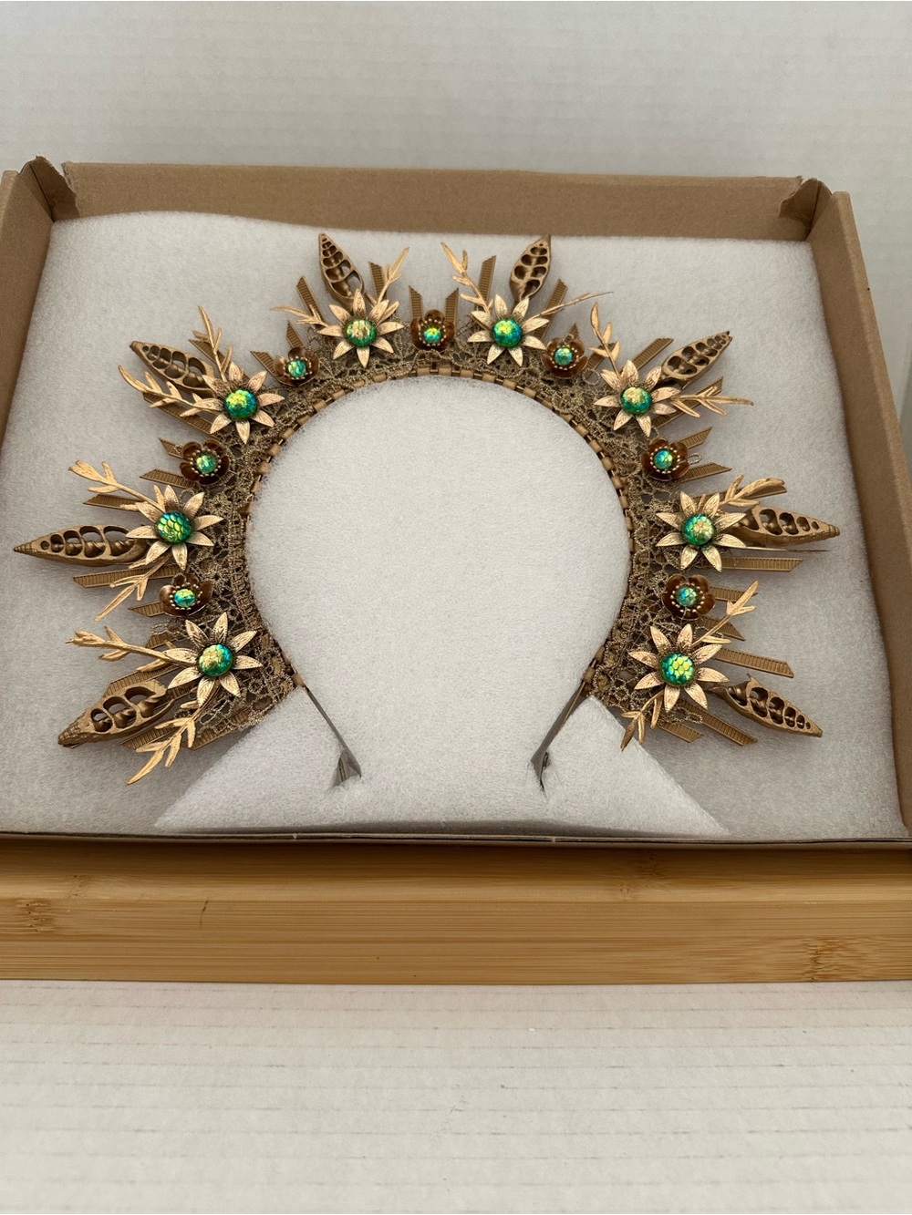 Gold Floral Crystal Halo Headband with Green Accents #4